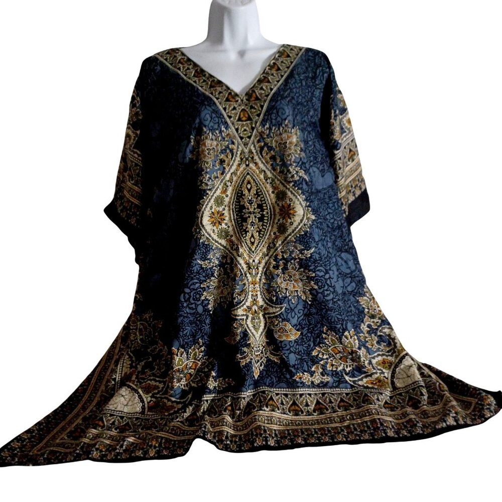 Kaftan Womens Blue Tan Paisley Loose Tunic Flowy Hippy Boho Batwing Sleeve OSFA
